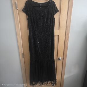 Black Lace Sequin Maxi Dress with Tulle Ruffle Hem